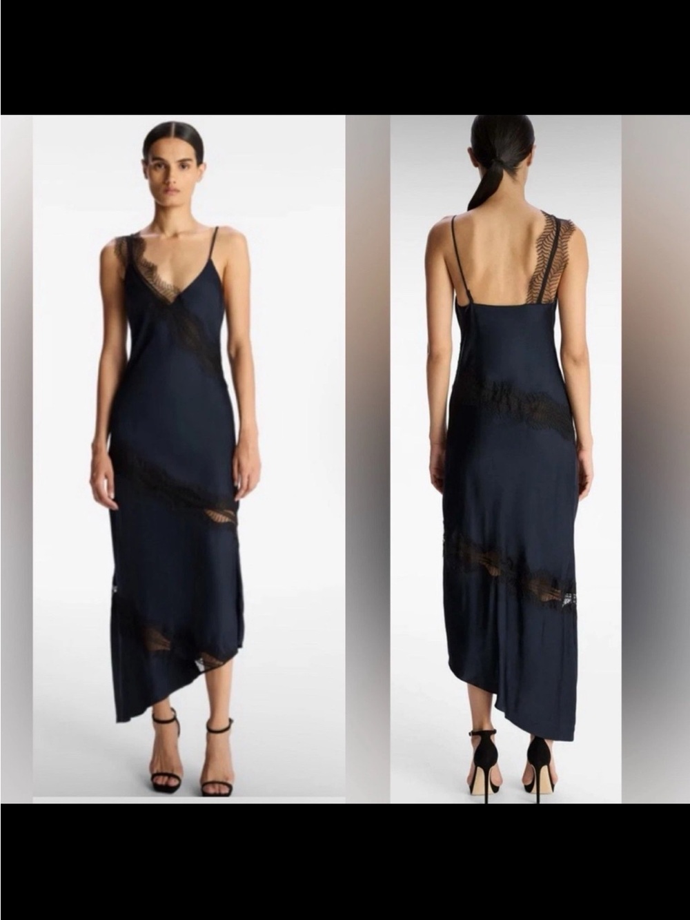 House Of Harlow 1960 Navy Black Lace Trim Slip Asymmetrical Dress Size Large